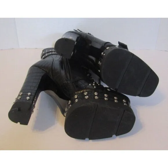 Azalea Wang Dolls Kill Ankle Boots Black Vegan Crocodile Heels Studded NWOB 8.5