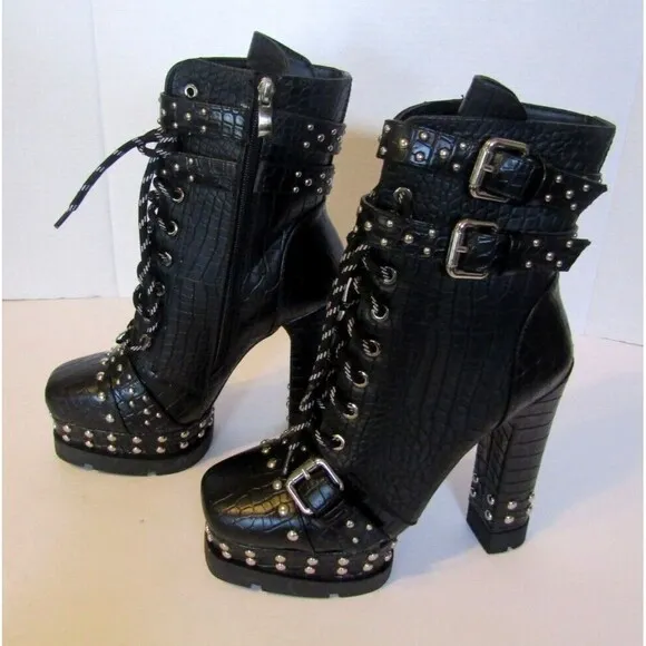 Azalea Wang Dolls Kill Ankle Boots Black Vegan Crocodile Heels Studded NWOB 8.5