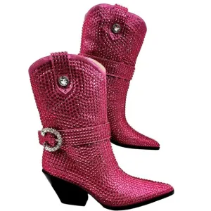 AZALEA WANG Federica Hot Pink Crystal Shortie Western Cowgirl Boots NWT