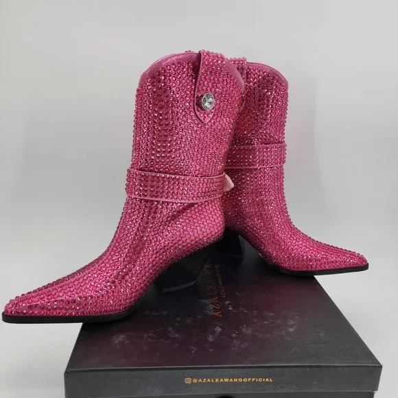 AZALEA WANG Federica Hot Pink Crystal Shortie Western Cowgirl Boots NWT