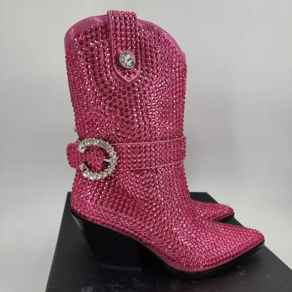AZALEA WANG Federica Hot Pink Crystal Shortie Western Cowgirl Boots NWT