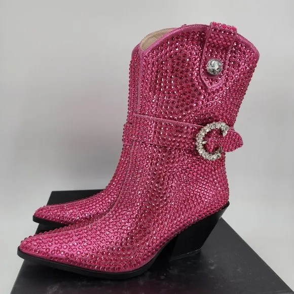 AZALEA WANG Federica Hot Pink Crystal Shortie Western Cowgirl Boots NWT