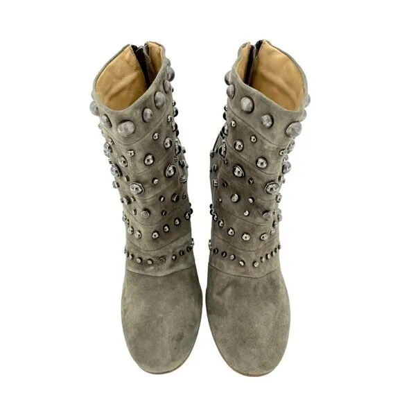 Badgley Mischka Boots Embellished Suede Taupe Zip Studded 7.5 New $495