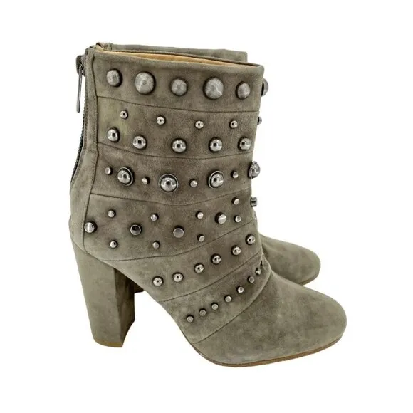 Badgley Mischka Boots Embellished Suede Taupe Zip Studded 7.5 New $495