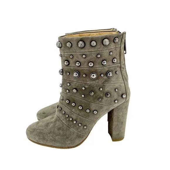 Badgley Mischka Boots Embellished Suede Taupe Zip Studded 7.5 New $495