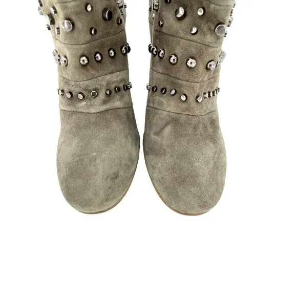 Badgley Mischka Boots Embellished Suede Taupe Zip Studded 7.5 New $495