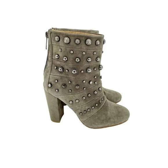 Badgley Mischka Boots Embellished Suede Taupe Zip Studded 7.5 New $495