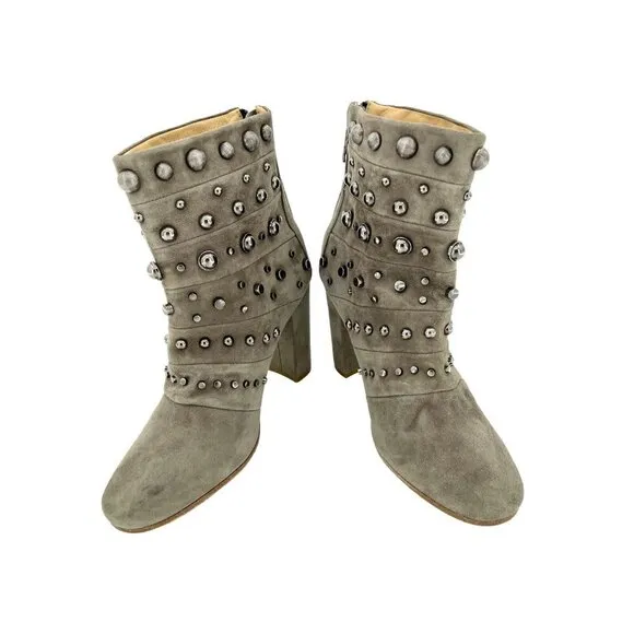 Badgley Mischka Boots Embellished Suede Taupe Zip Studded 7.5 New $495
