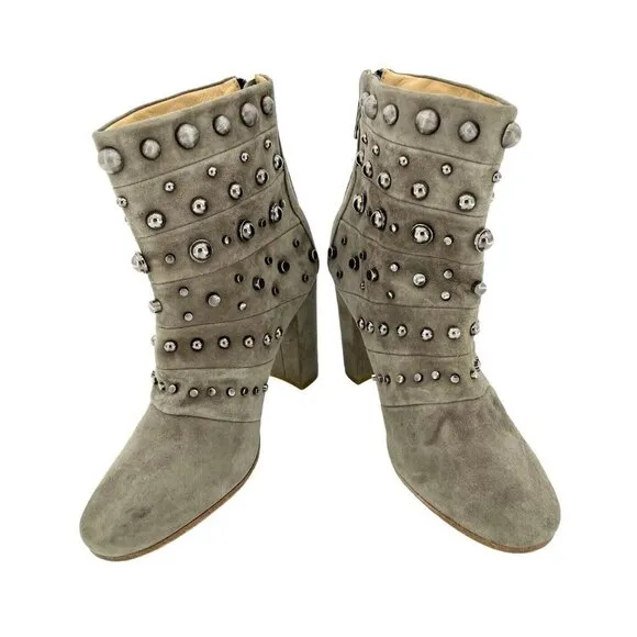 Badgley Mischka Boots Embellished Suede Taupe Zip Studded 7.5 New $495