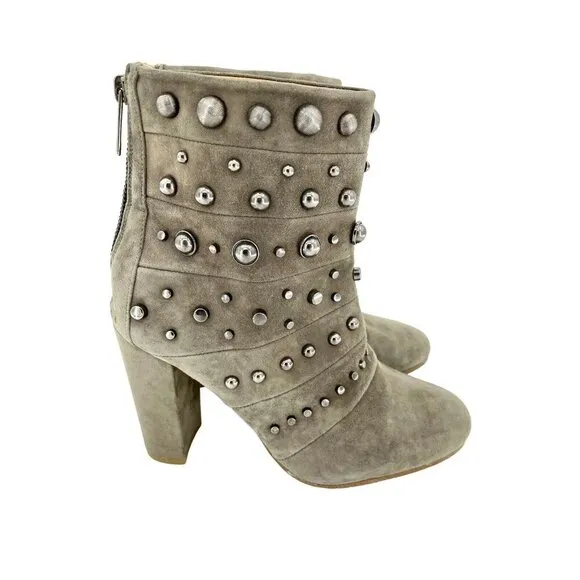 Badgley Mischka Boots Embellished Suede Taupe Zip Studded 7.5 New $495