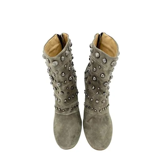 Badgley Mischka Boots Embellished Suede Taupe Zip Studded 7.5 New $495