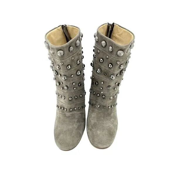 Badgley Mischka KURT Boots Embellished Suede Taupe Zip Studded 8 New $495