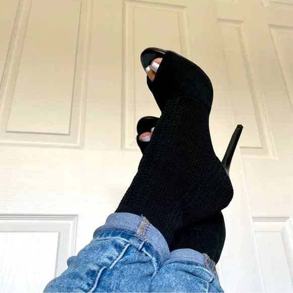 Bai Beioi Knit Elegant Black Women's Peep-Toe Ankle Boots Bootie