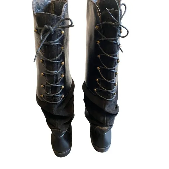Bally Of Switzerland Black Leather and Suede Designer Lace Back Riding Boots 7.5