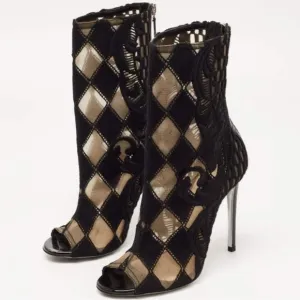 Balmain Black Mesh and Fabric Ankle Boots- 36