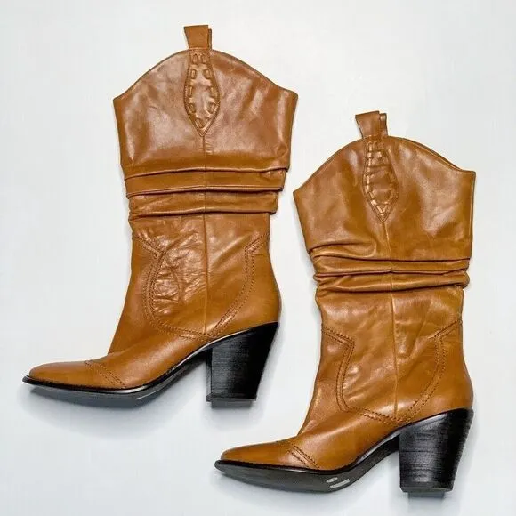 BCBGeneration Western Boots Tan Leather Ruched Calf Size 8.5B Block Heel