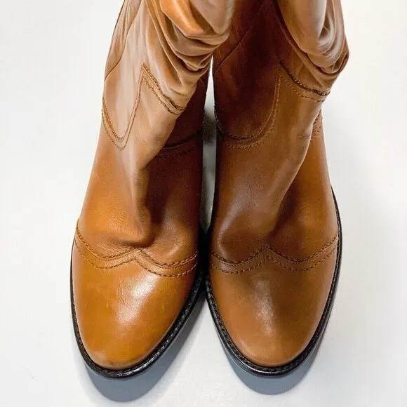 BCBGeneration Western Boots Tan Leather Ruched Calf Size 8.5B Block Heel