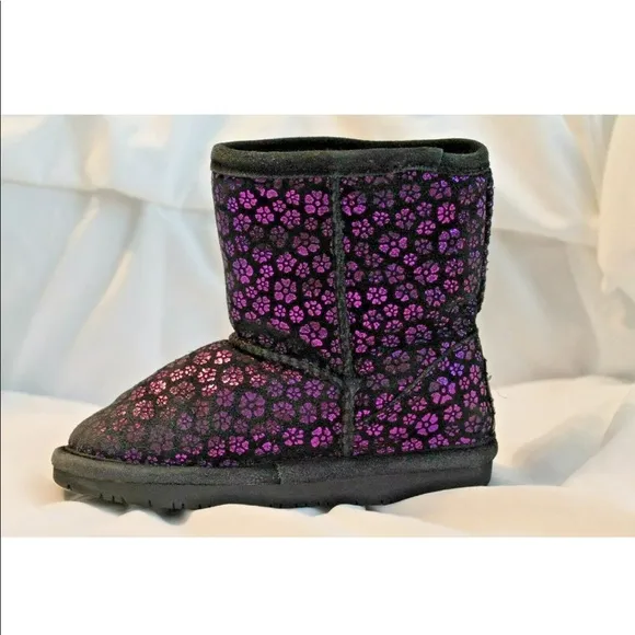 Bearpaw Black Suede Pink Flowers Shearling Boots