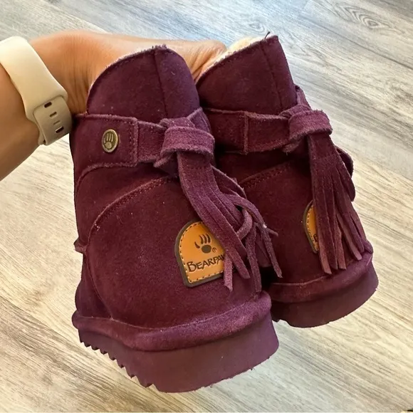 BEARPAW Natalia Suede Tassel Boot purple wool ankle boots size 7