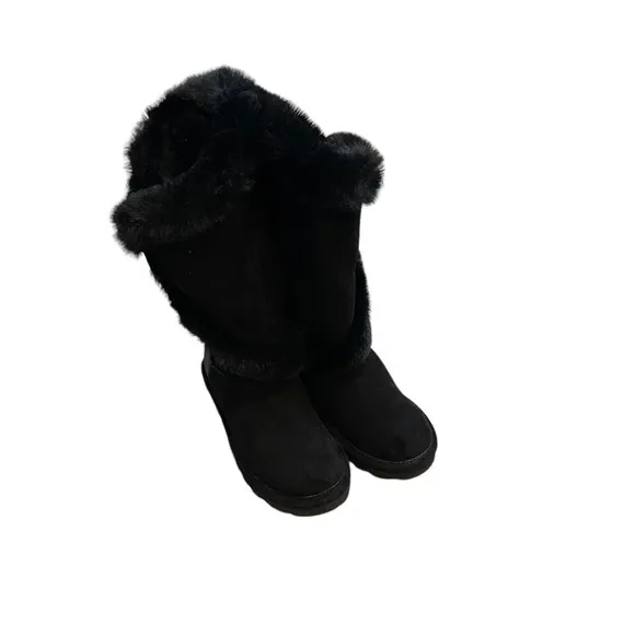 Bearpaw Sheilah Black Faux Fur Leather Boots Women's Size 6