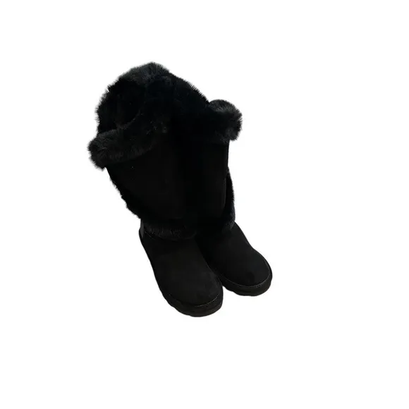 Bearpaw Sheilah Black Faux Fur Leather Boots Women's Size 6