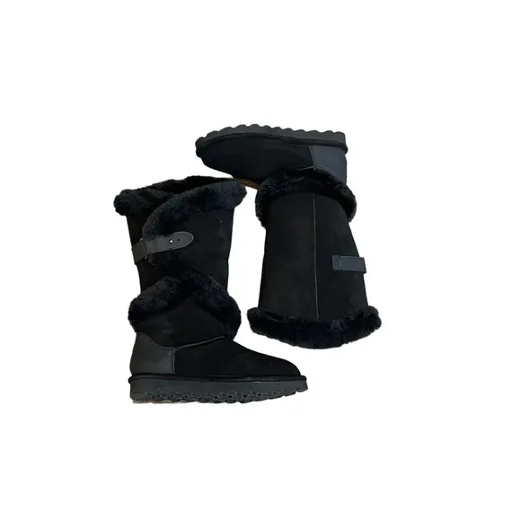Bearpaw Sheilah Black Faux Fur Leather Boots Women's Size 6