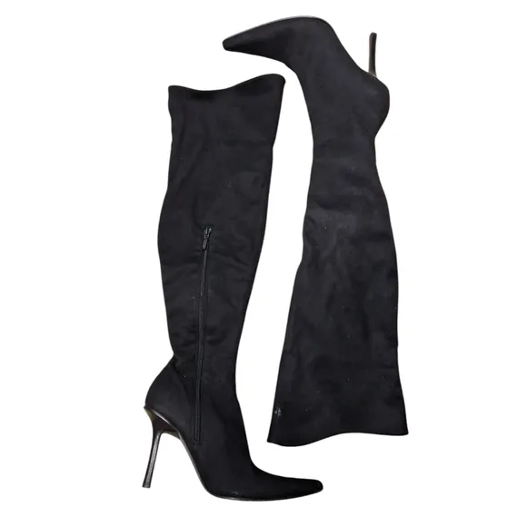 Bebe Black Pointed Over Knee Leather Suede Heeled Boots 7.5