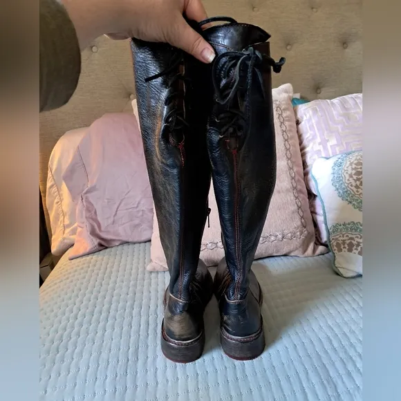 Bed Stu Manchester Distressed Leather Upper High Boots with Lace Accents