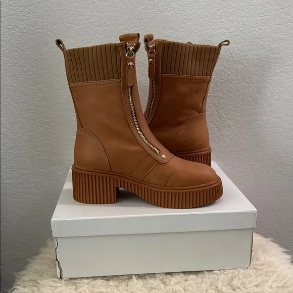 Belle and Bloom Brown Heeled Boots with Knitted Collar