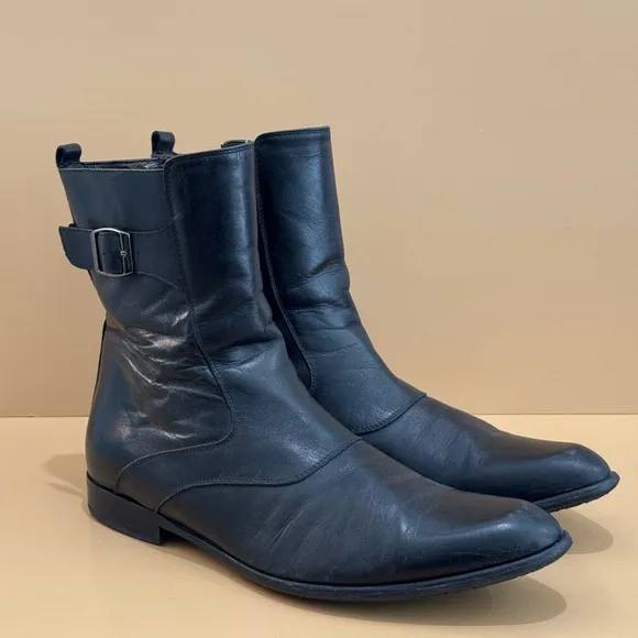 Biagiotti Uomo Men’s Italian Black Leather Boots w/Buckle -43 / US10