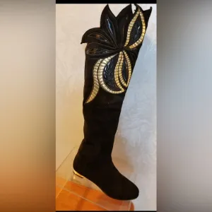 Black and Gold Embellished Knee-High Boots