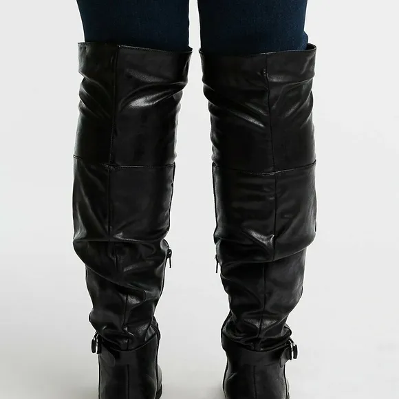 Black Faux Leather Slouchy Moto Riding Boots