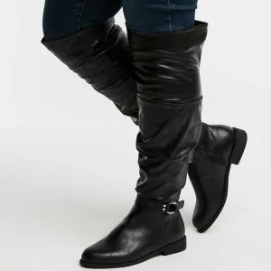 Black Faux Leather Slouchy Moto Riding Boots