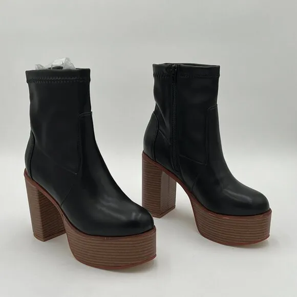 Black Platform Ankle Boots Round Toe Chunky High Heel Side Zipper Booties Ladies