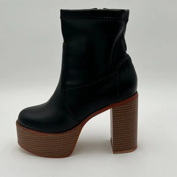 Black Platform Ankle Boots Round Toe Chunky High Heel Side Zipper Booties Ladies