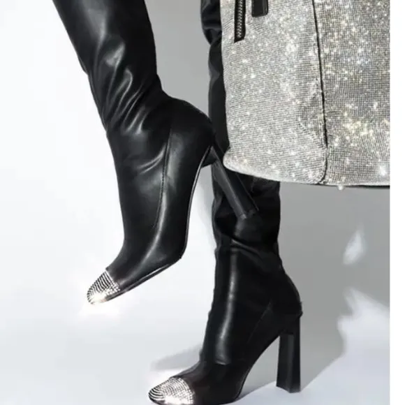 Black Rhinestone Closed Toe Thigh High Heels Boots