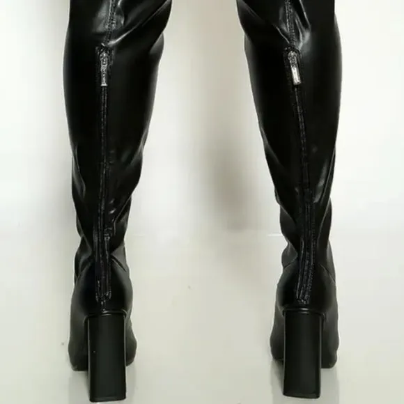 Black Rhinestone Closed Toe Thigh High Heels Boots