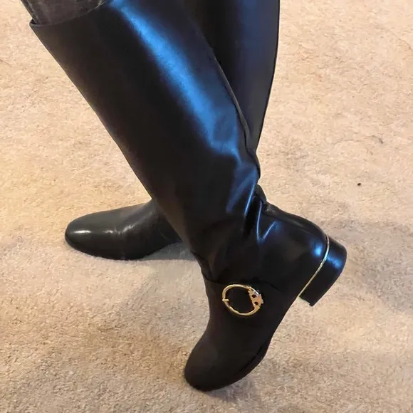 Black with gold accents Tory Burch knee boots, size 7