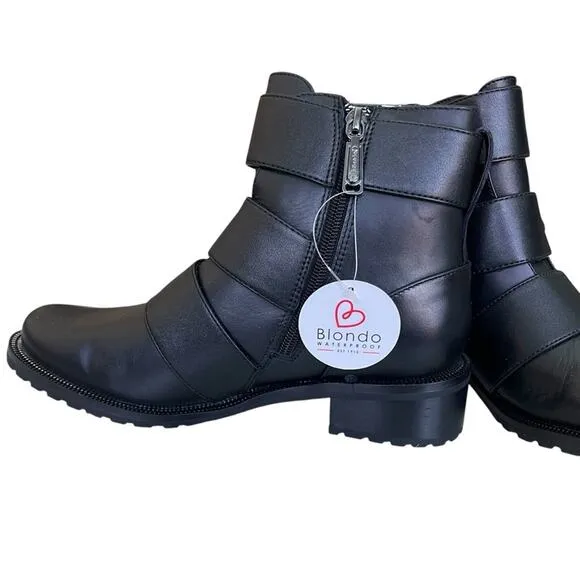 Blondo Camilla Waterproof Buckle Strap Side Zip Moto Boots Black Size 7.5 Medium
