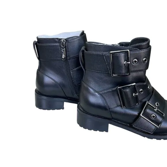 Blondo Camilla Waterproof Buckle Strap Side Zip Moto Boots Black Size 7.5 Medium