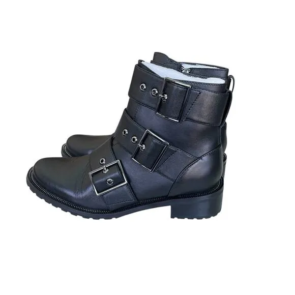 Blondo Camilla Waterproof Buckle Strap Side Zip Moto Boots Black Size 7.5 Medium
