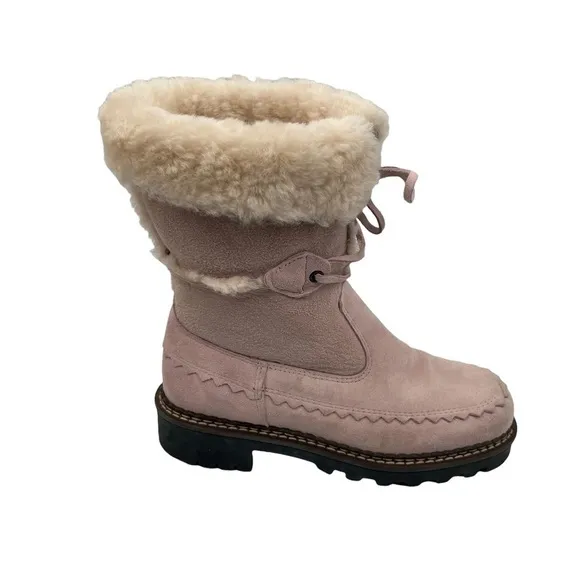 Blondo Pink Shearling Waterproof Lace Up Chunk Heel Boots Size 6 Women's