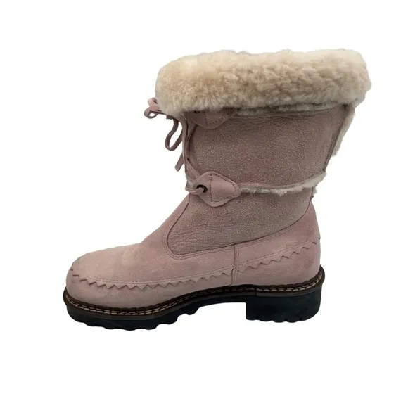 Blondo Pink Shearling Waterproof Lace Up Chunk Heel Boots Size 6 Women's