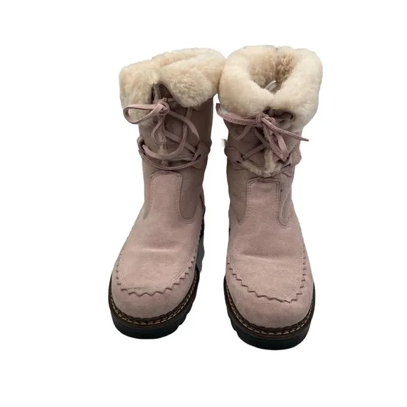 Blondo Pink Shearling Waterproof Lace Up Chunk Heel Boots Size 6 Women's