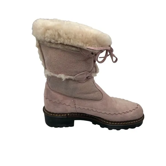 Blondo Pink Shearling Waterproof Lace Up Chunk Heel Boots Size 6 Women's