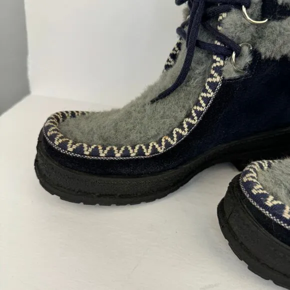 Blue &amp; Gray Fur Lined &amp; Detailed Suede Lace Up Ankle Snow Boots | Women's 6