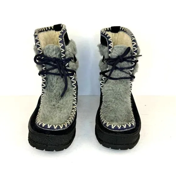 Blue &amp; Gray Fur Lined &amp; Detailed Suede Lace Up Ankle Snow Boots | Women's 6