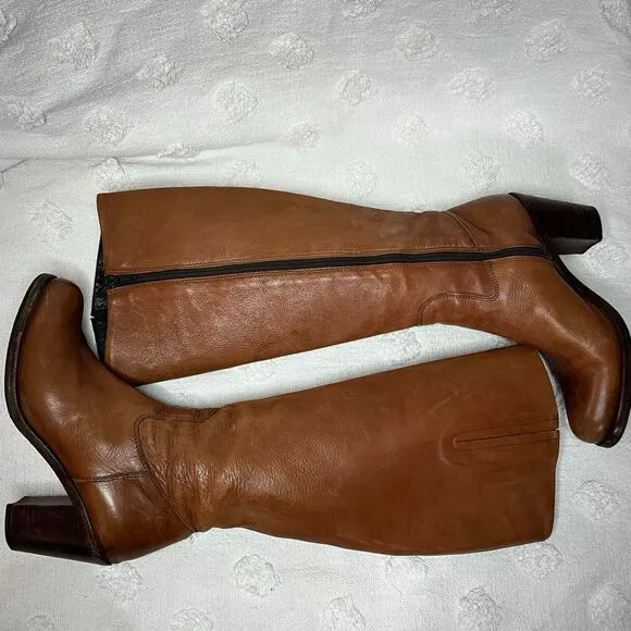 Boemos Brown Size US 6.5 Leather Tall Knee High Heeled Boots Vintage Italy 80’s