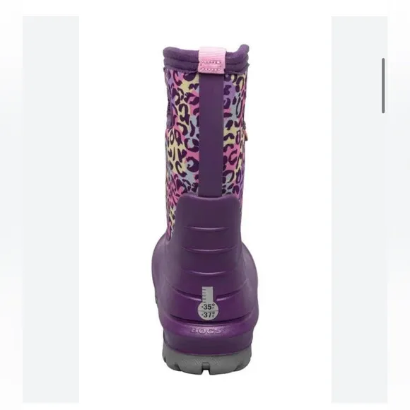 Bogs Boots Girls Sz 2 Kids Purple Leopard Neo-Classic InsulatedWaterproof