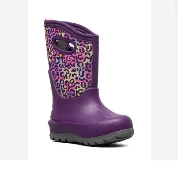 Bogs Boots Girls Sz 2 Kids Purple Leopard Neo-Classic InsulatedWaterproof